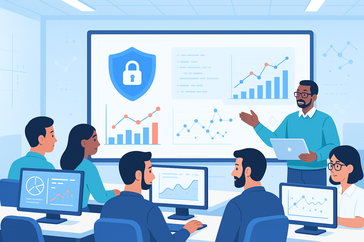 Séance de formation pratique sur la cybersécurité avec analyse de données en direct, dans le cadre d’un cours cybersécurité en entreprise.