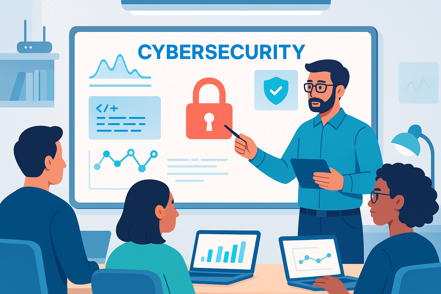 Illustration d’un formateur animant un cours cybersécurité avec des supports visuels sur les menaces, les protections et les protocoles.