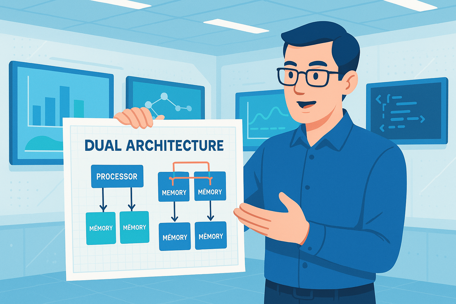 Enseignant présentant le concept de double architecture mémoire dans un cours sur l’architecture matérielle des processeurs.
