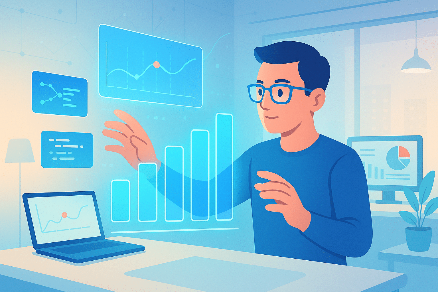 Ingénieur deeptech interagissant avec des données holographiques dans un environnement de travail numérique et connecté.
