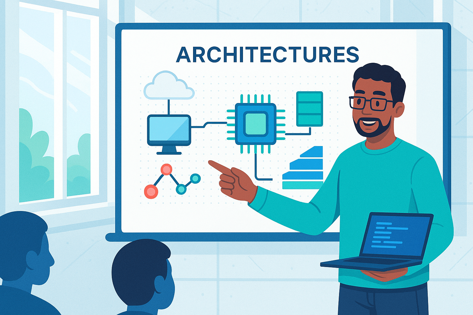 Formateur expliquant les différents types d’architecture matérielle, y compris les liaisons entre cloud, processeur et base de données.