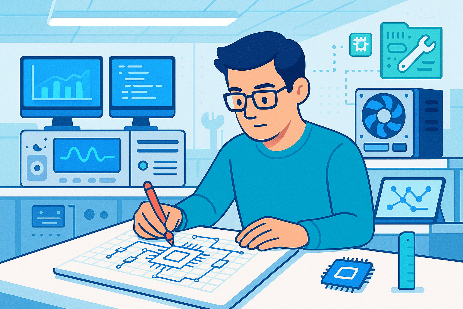 Ingénieur en électronique dessinant un circuit intégré sur une tablette, dans le cadre d’un projet axé sur l’architecture matérielle.