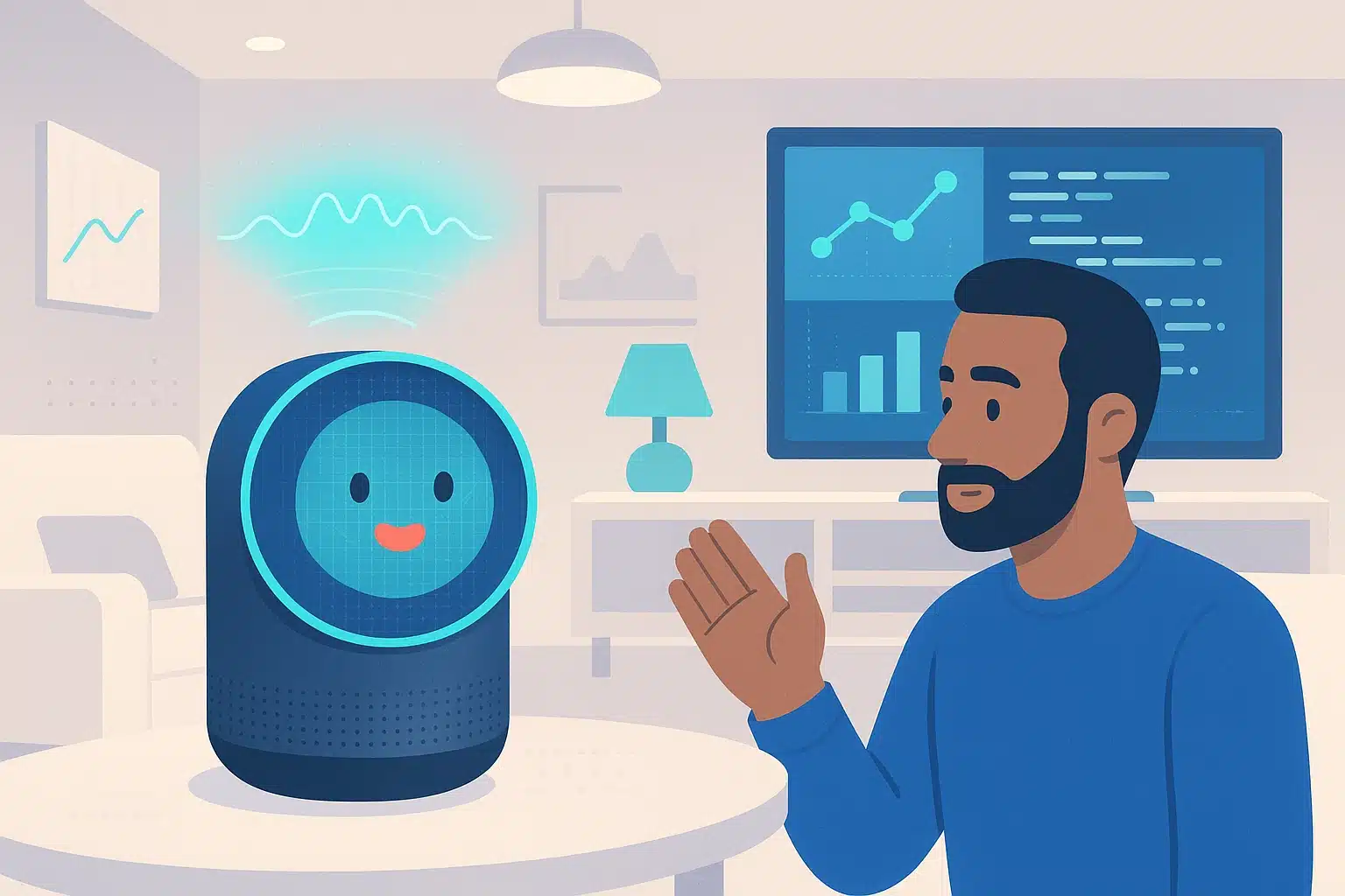 Un homme interagissant avec un agent vocal intelligent dans un environnement domestique, illustrant l'utilisation des agents vocaux.