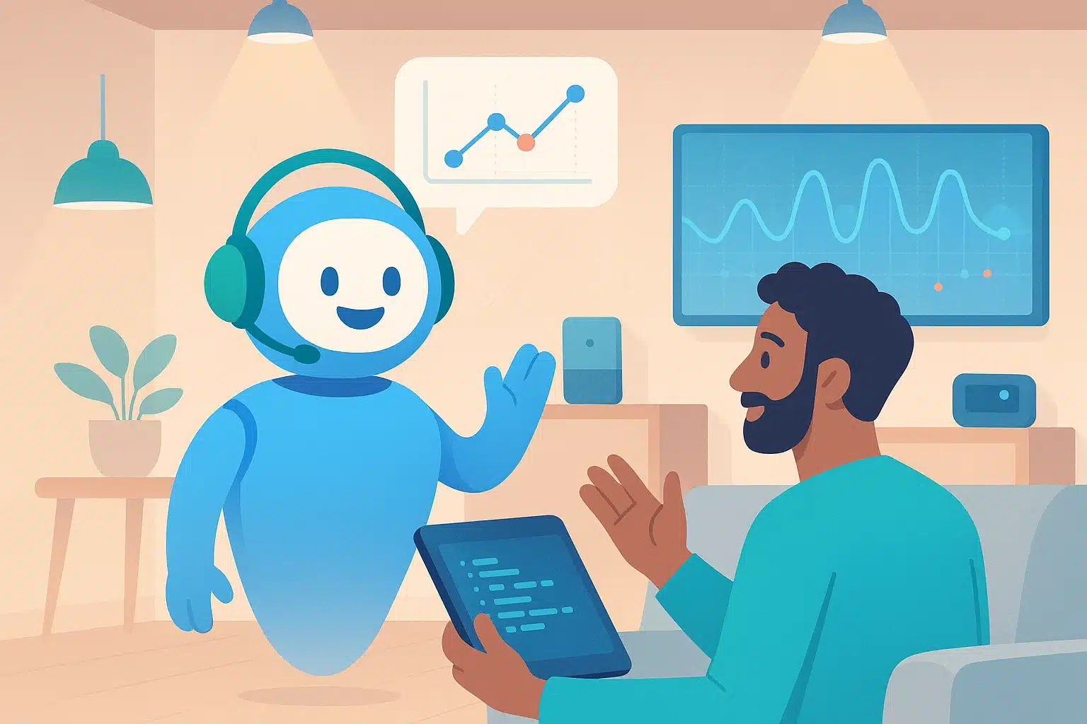 Illustration d'un agent vocal interagissant avec un utilisateur, affichant des données sur un écran.