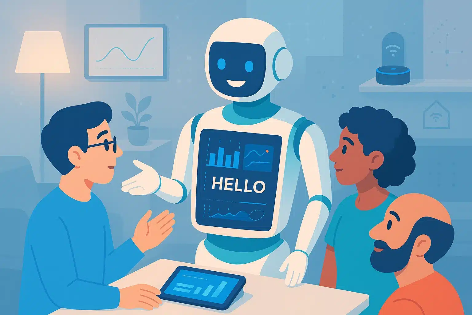 Un robot assistant interactif saluant des utilisateurs tout en affichant des graphiques sur une tablette, illustrant le concept des agents vocaux.