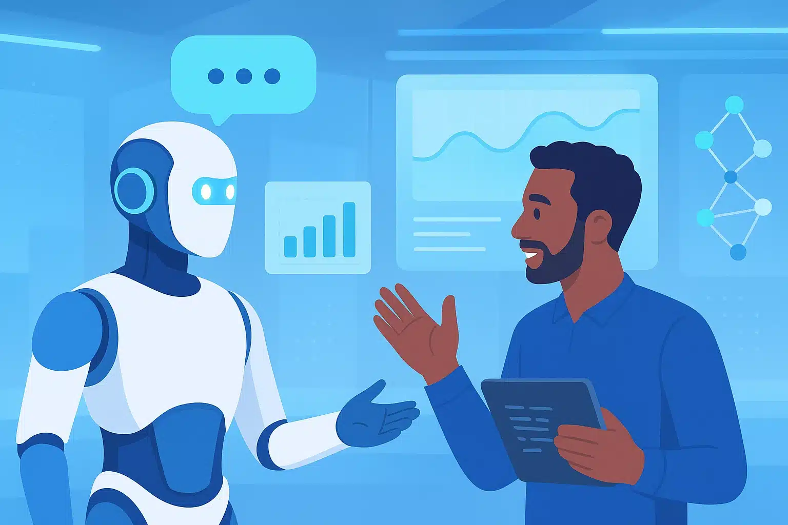 Un agent vocal interactif sous la forme d'un robot discutant avec un homme, illustrant l'usage des agents vocaux dans la technologie.