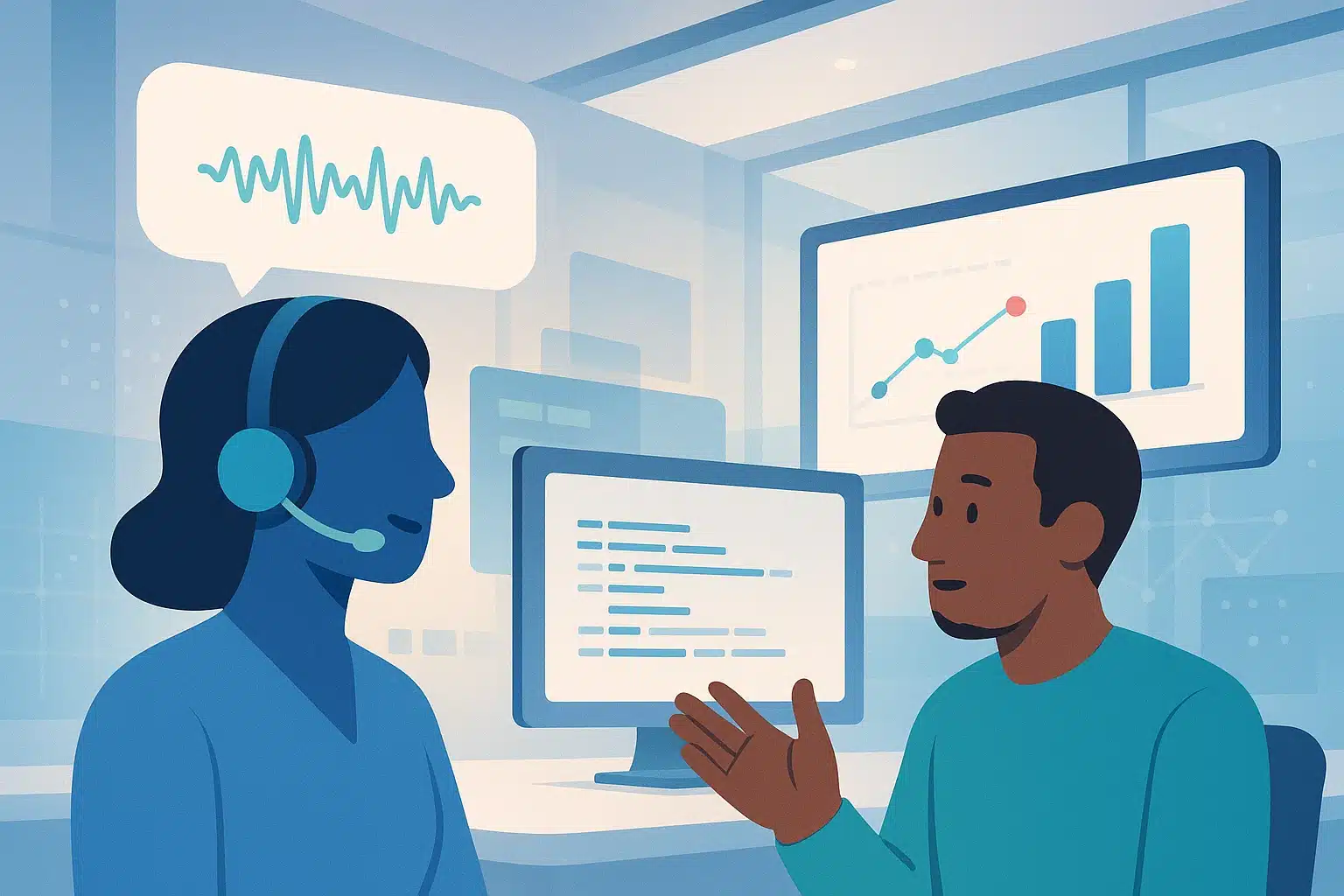 Discussion entre un agent de voix portant un casque et un homme dans un bureau, avec des graphiques et des données sur les écrans derrière eux.