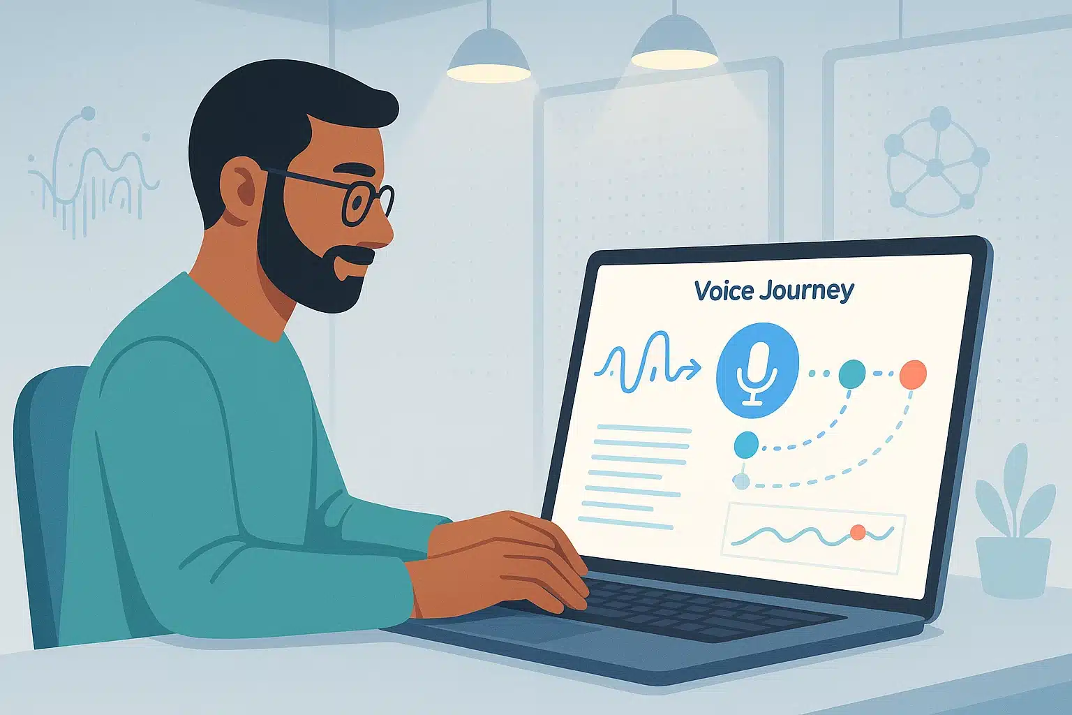 Homme utilisant un ordinateur portable pour explorer un parcours de voix, illustrant les agents vocaux et leurs fonctionnalités.