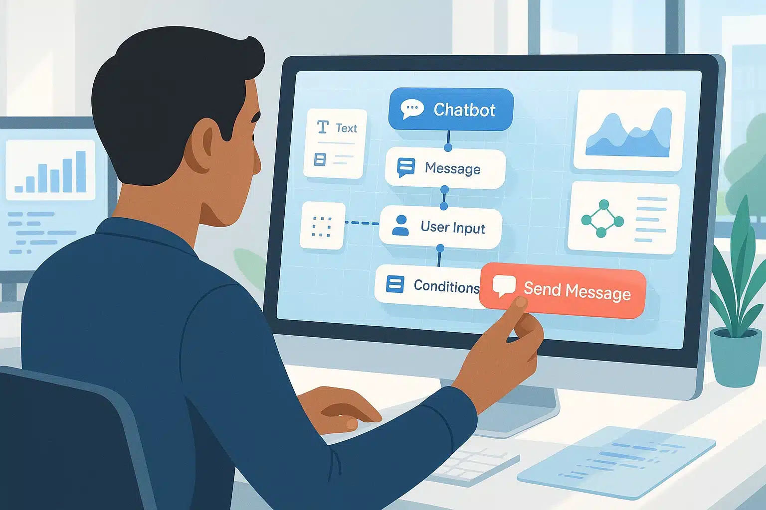 Personne utilisant Voiceflow pour créer un chatbot avec des messages, des entrées utilisateur et des conditions sur un écran d'ordinateur.