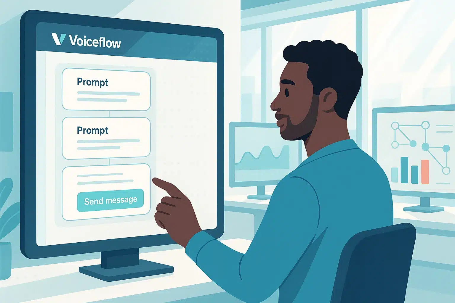 Un utilisateur interagissant avec l'interface de Voiceflow, avec un écran affichant des prompts et un bouton 'Envoyer message'.