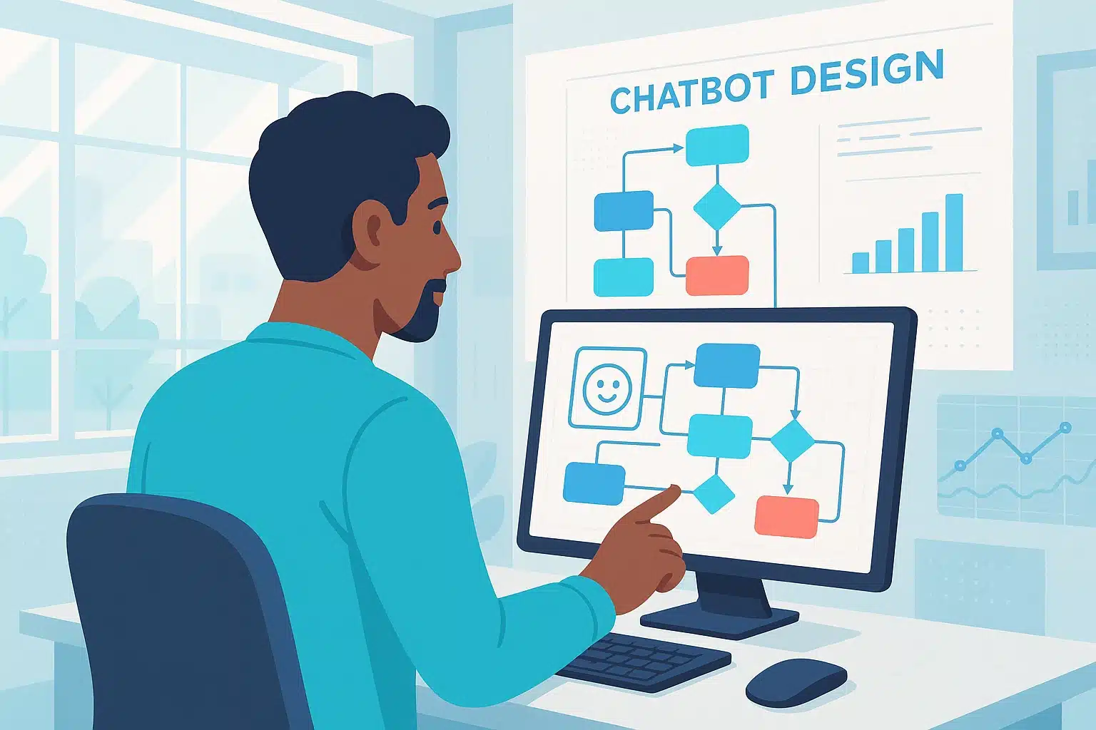 Personne travaillant sur la conception d'un chatbot avec des diagrammes illustrant le flux de conversation sur un écran d'ordinateur.