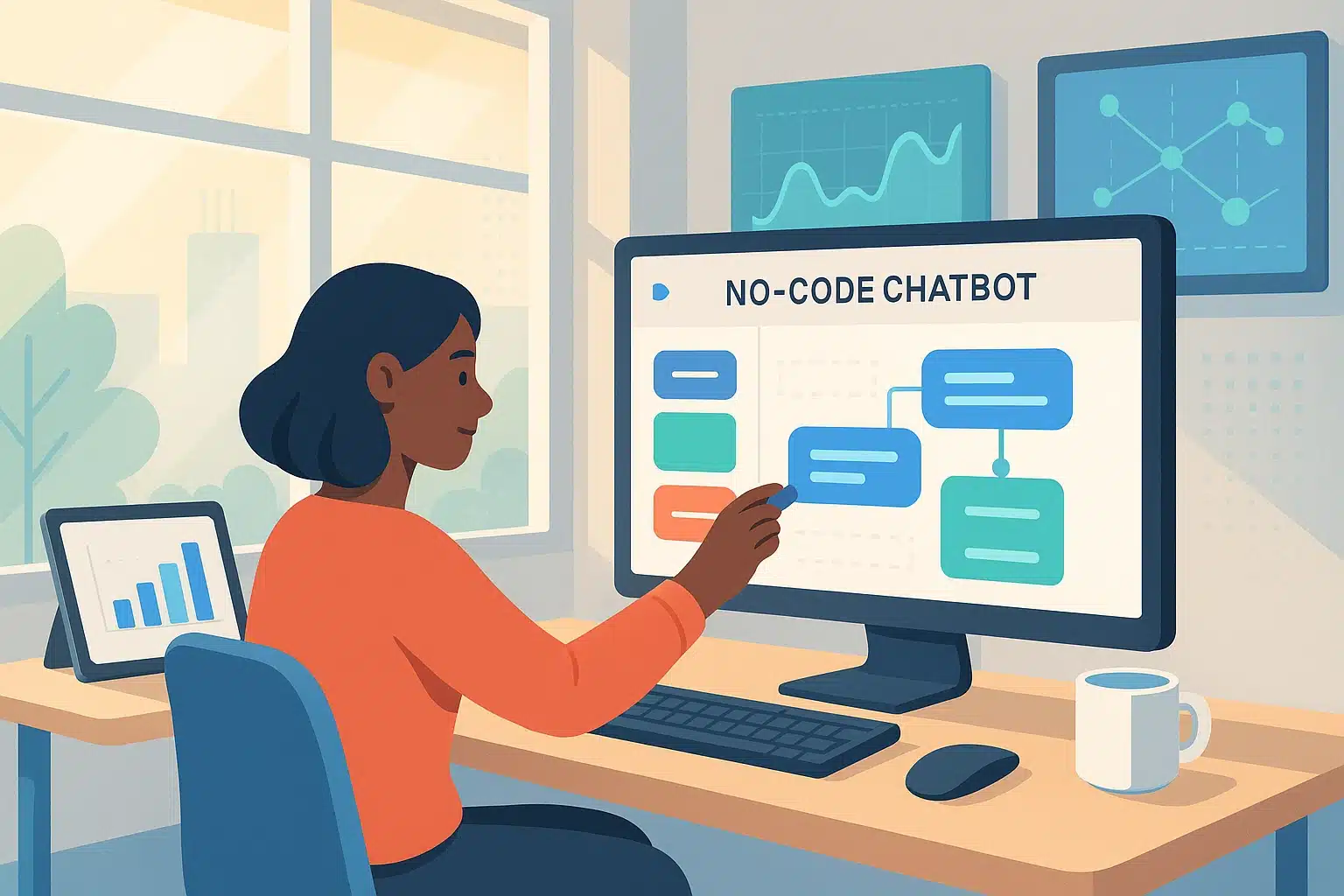 Femme utilisant Voiceflow pour créer un chatbot sans code sur un ordinateur, avec des graphiques de données en arrière-plan.