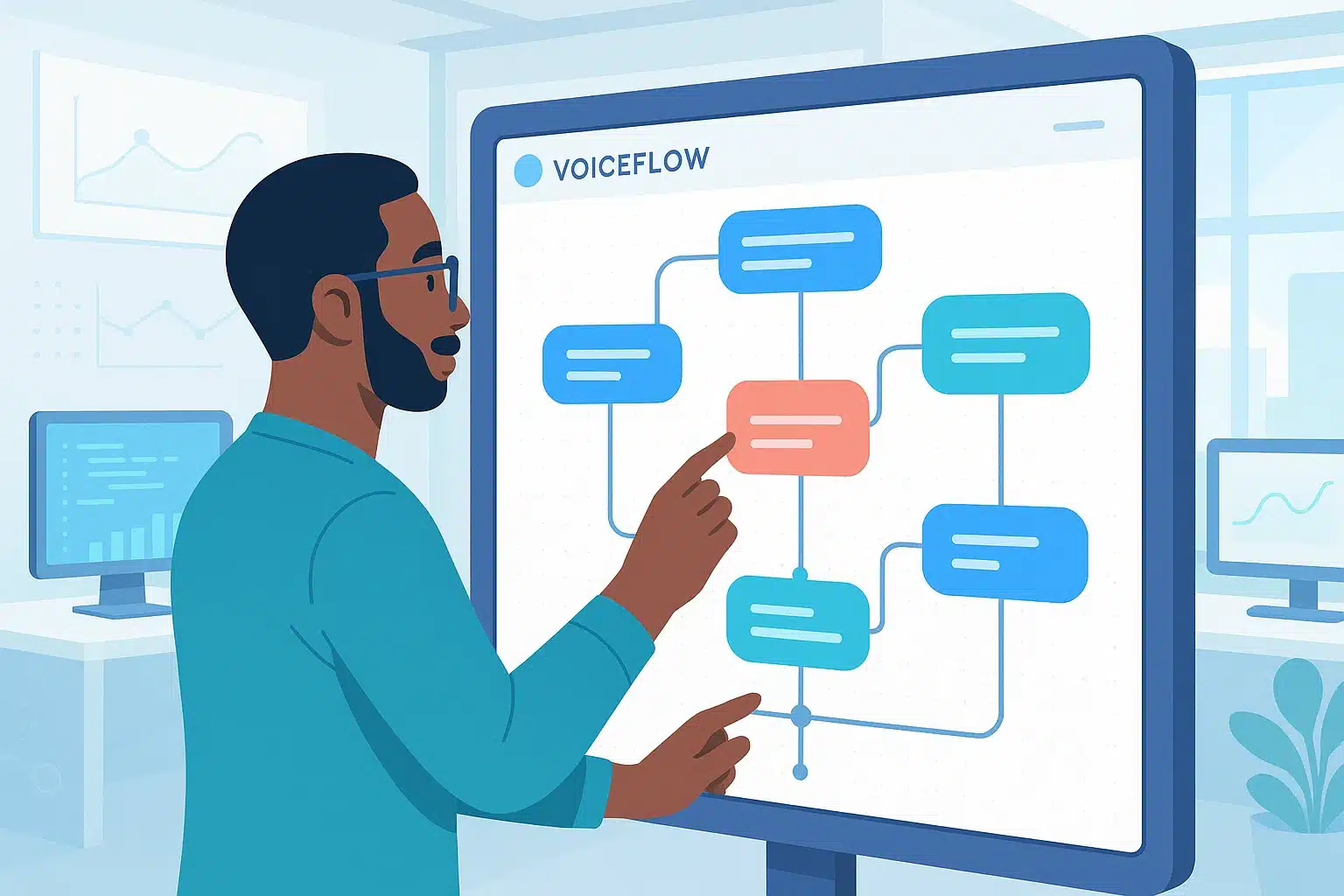 Personne interagissant avec un écran montrant un diagramme de flux de conversation sur Voiceflow.