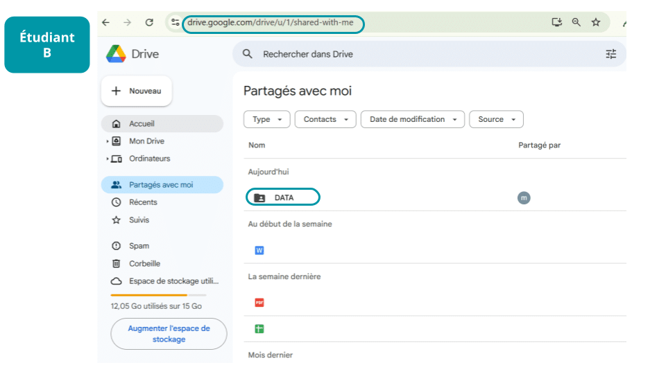 Dossier partagé vue de l'étudiant B