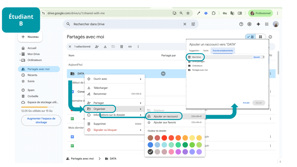 Création de raccourci par l'étudiant B