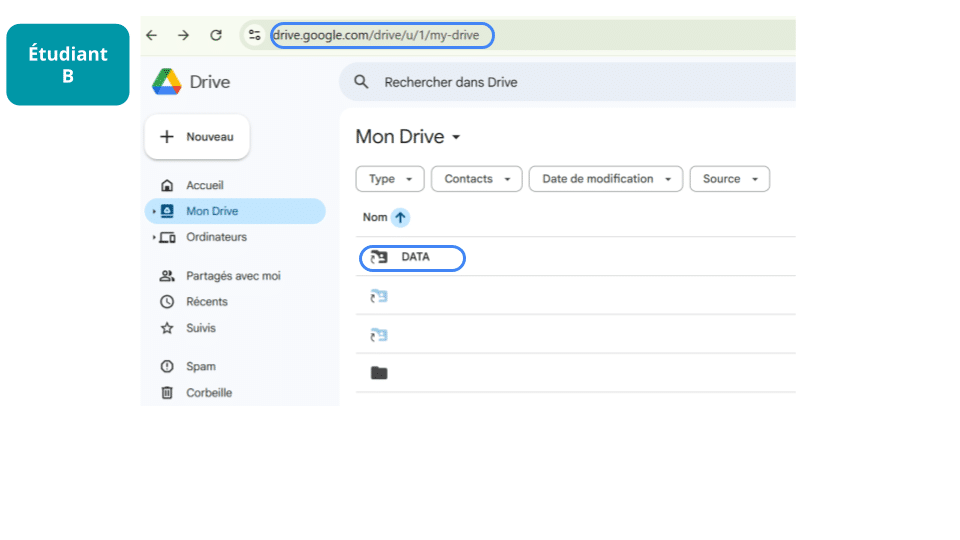 Vue du raccourci pour l'étudiant B