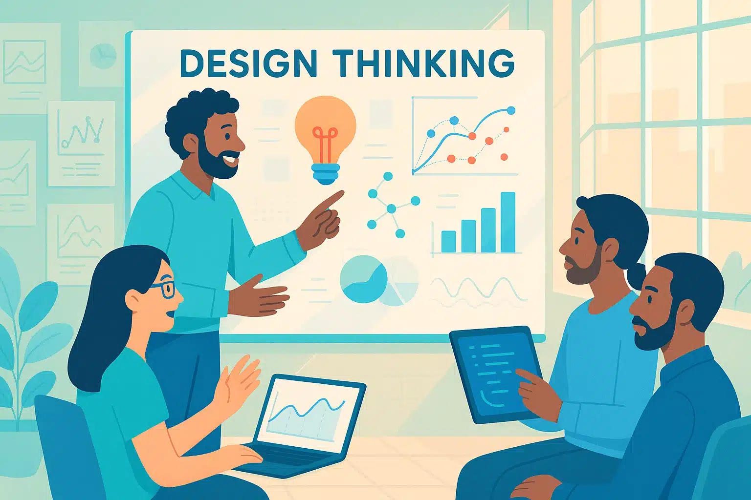 Illustration de la méthode double diamant en design thinking, avec des participants discutant autour d'un tableau sur les concepts et outils efficaces.