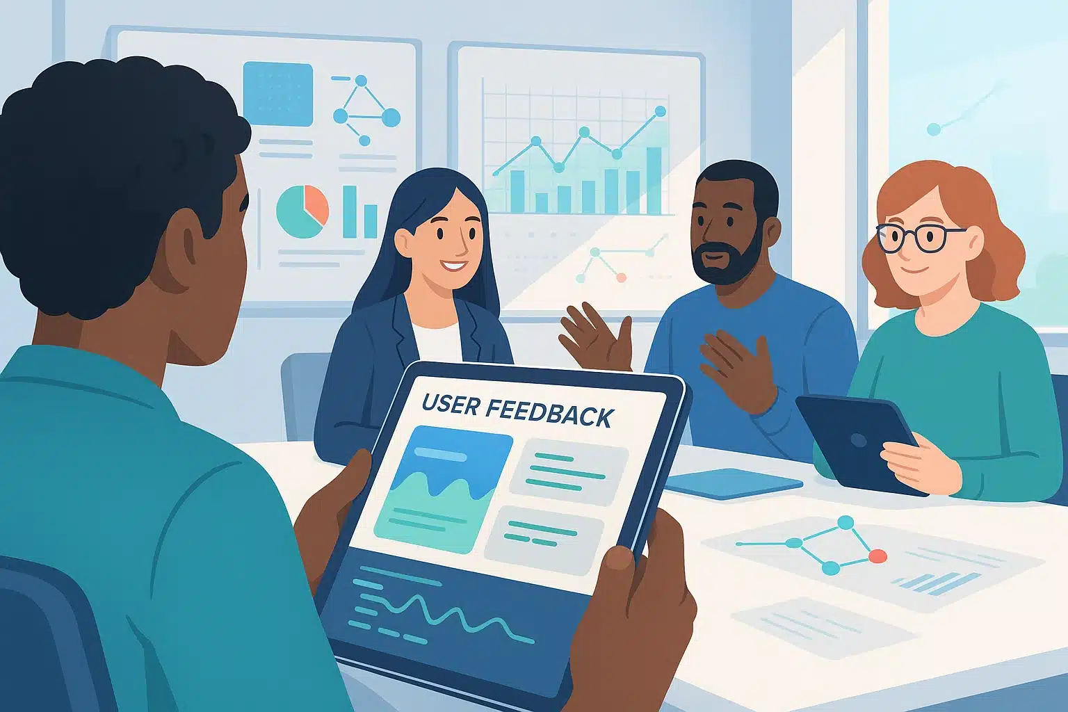 Groupe de professionnels en réunion utilisant le double diamant du design thinking, examinant des feedbacks utilisateurs sur une tablette.