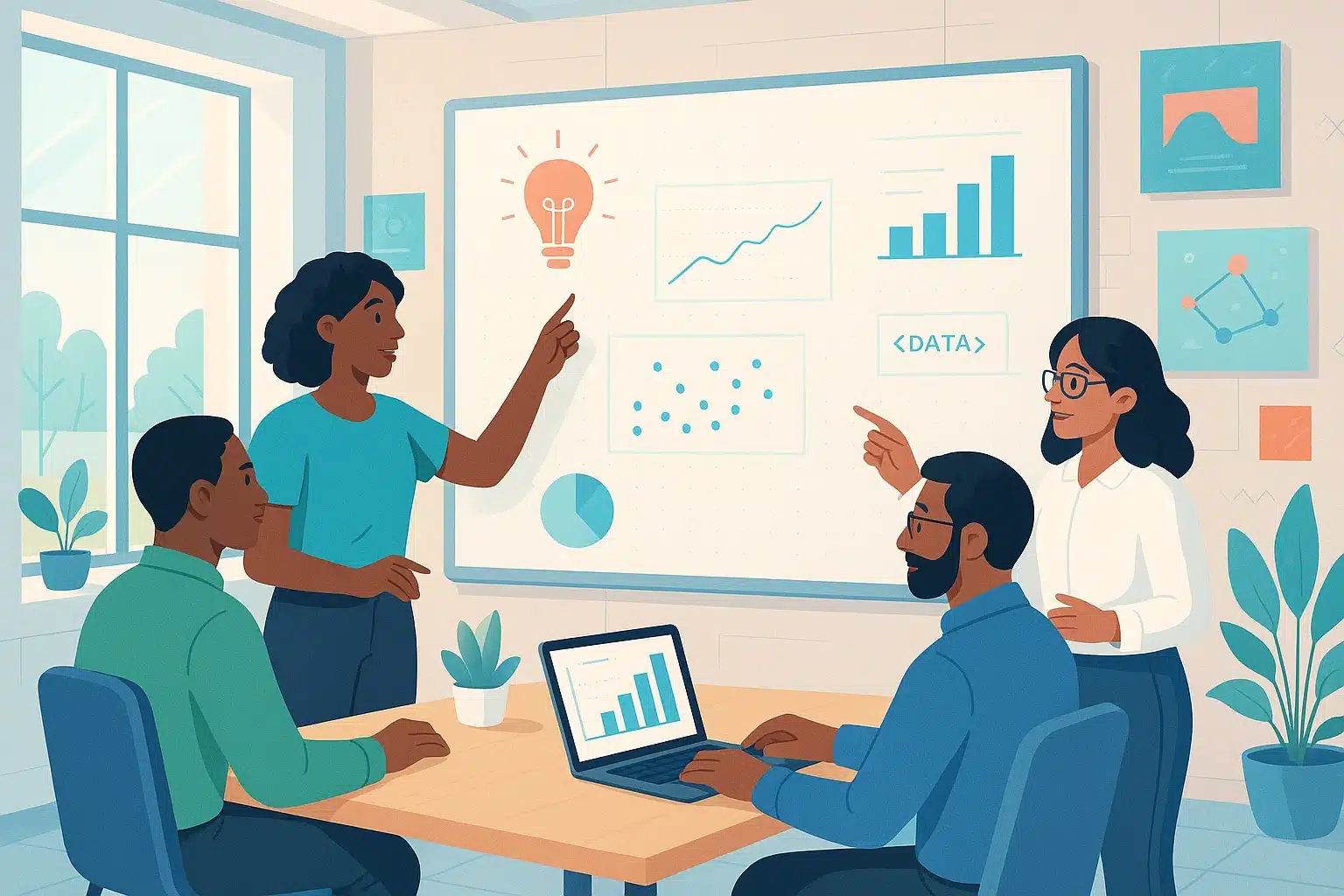 Réunion d'équipe utilisant le modèle du double diamant en design thinking, avec des graphiques et des données présentés sur un tableau.