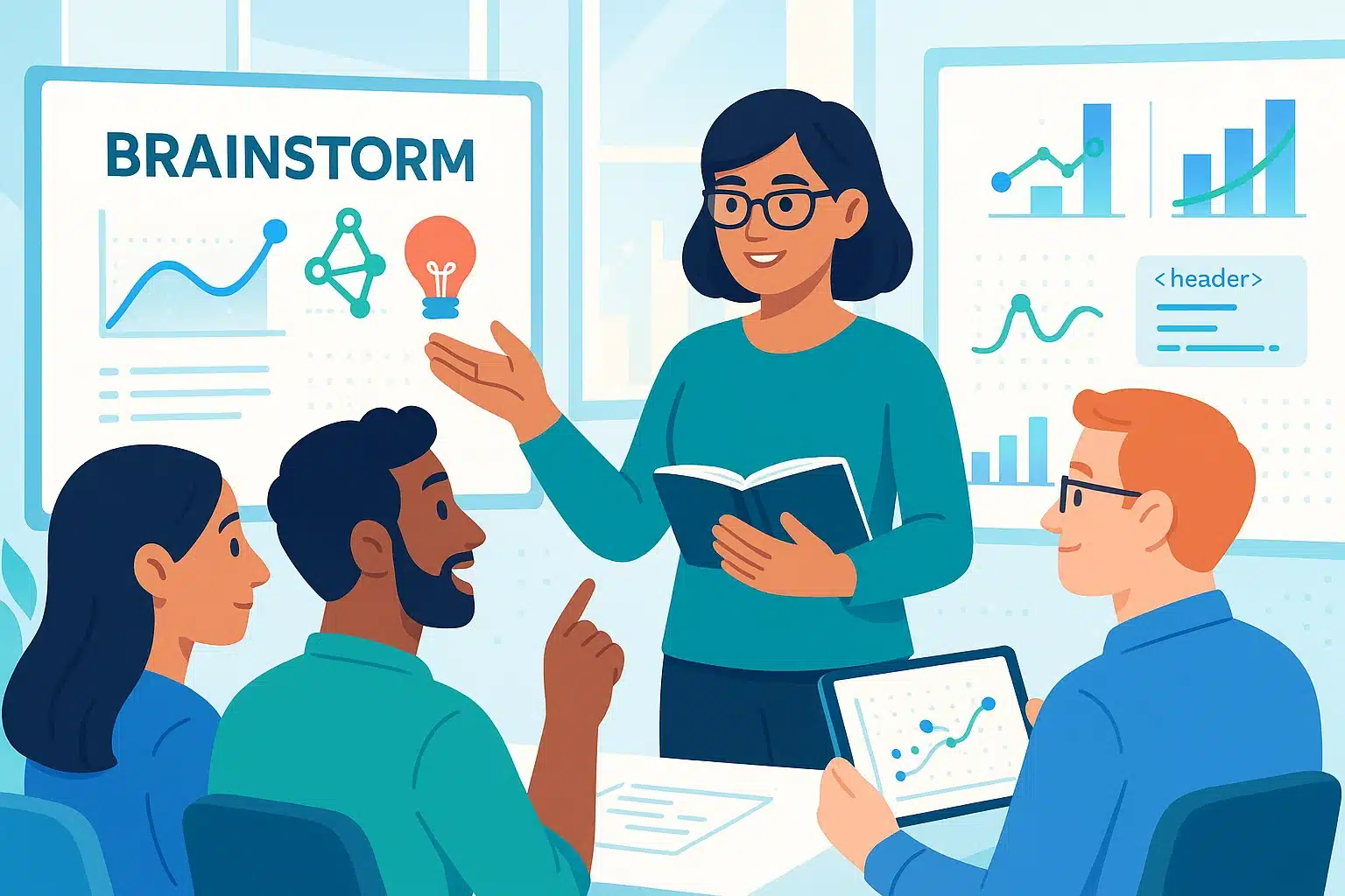 Illustration d'une session de brainstorming sur le double diamant du design thinking, avec une facilitatrice et des participants discutant autour de graphiques et d'idées.