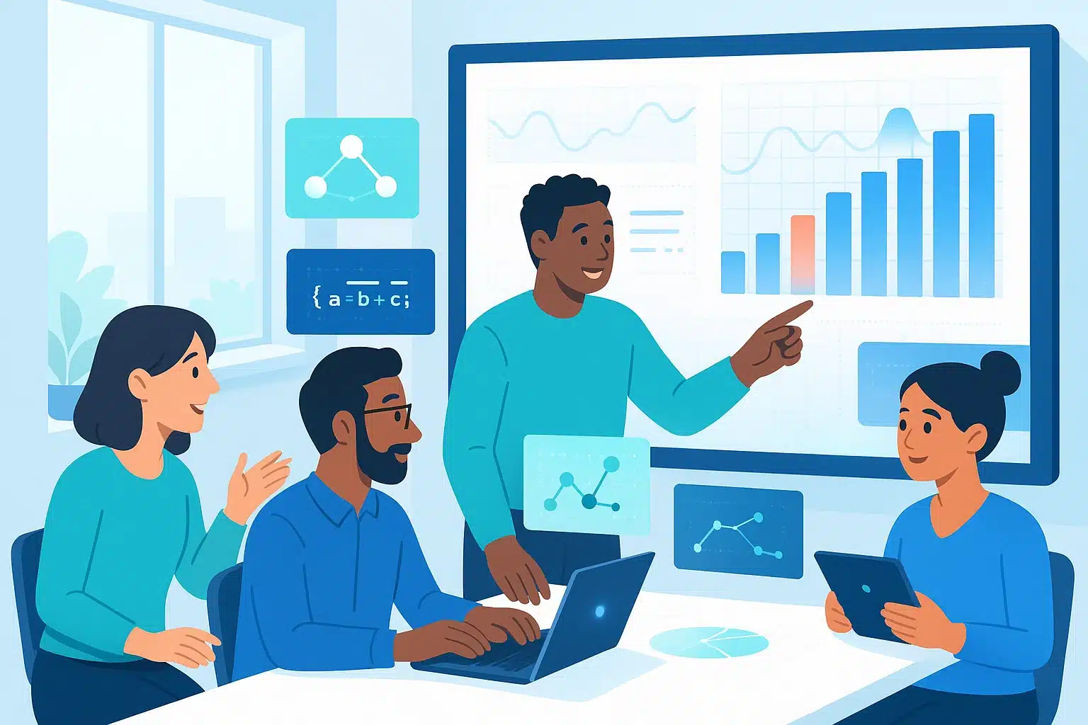 Équipe utilisant Figma pour la collaboration sur un projet, avec des graphiques et des données affichées sur un écran.