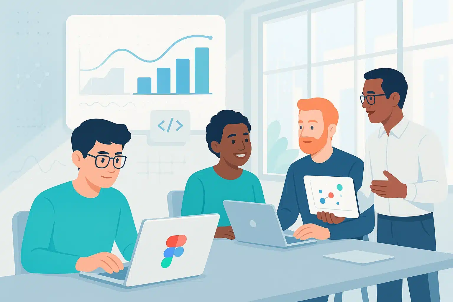Équipe de designers travaillant ensemble sur Figma, discutant de graphiques de données et de prototypes sur des ordinateurs portables.