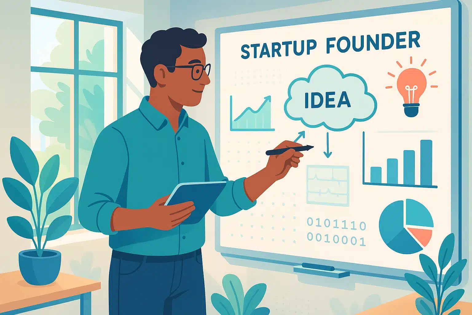 Un fondateur de startup présentant un tableau avec le concept de produit minimum viable, illustrant des graphiques et des idées innovantes.