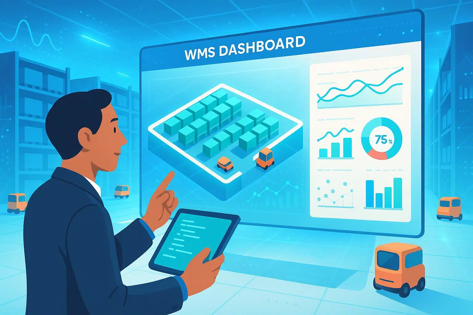 Interface de tableau de bord WMS affichant des graphiques et une vue d'entrepôt avec des camions.