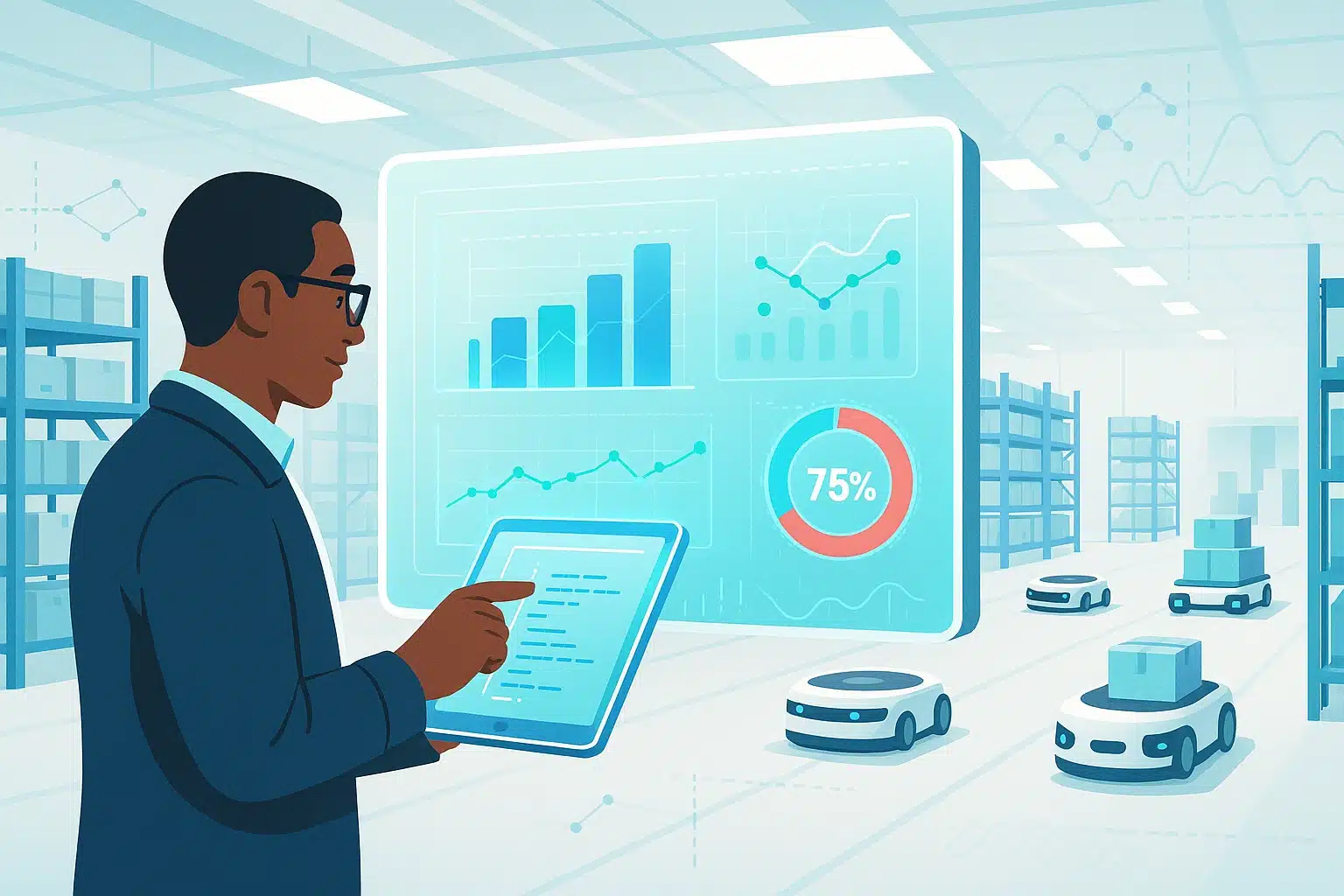 Un homme utilisant une tablette pour analyser les données de gestion d'entrepôt avec des robots et des étagères en arrière-plan.