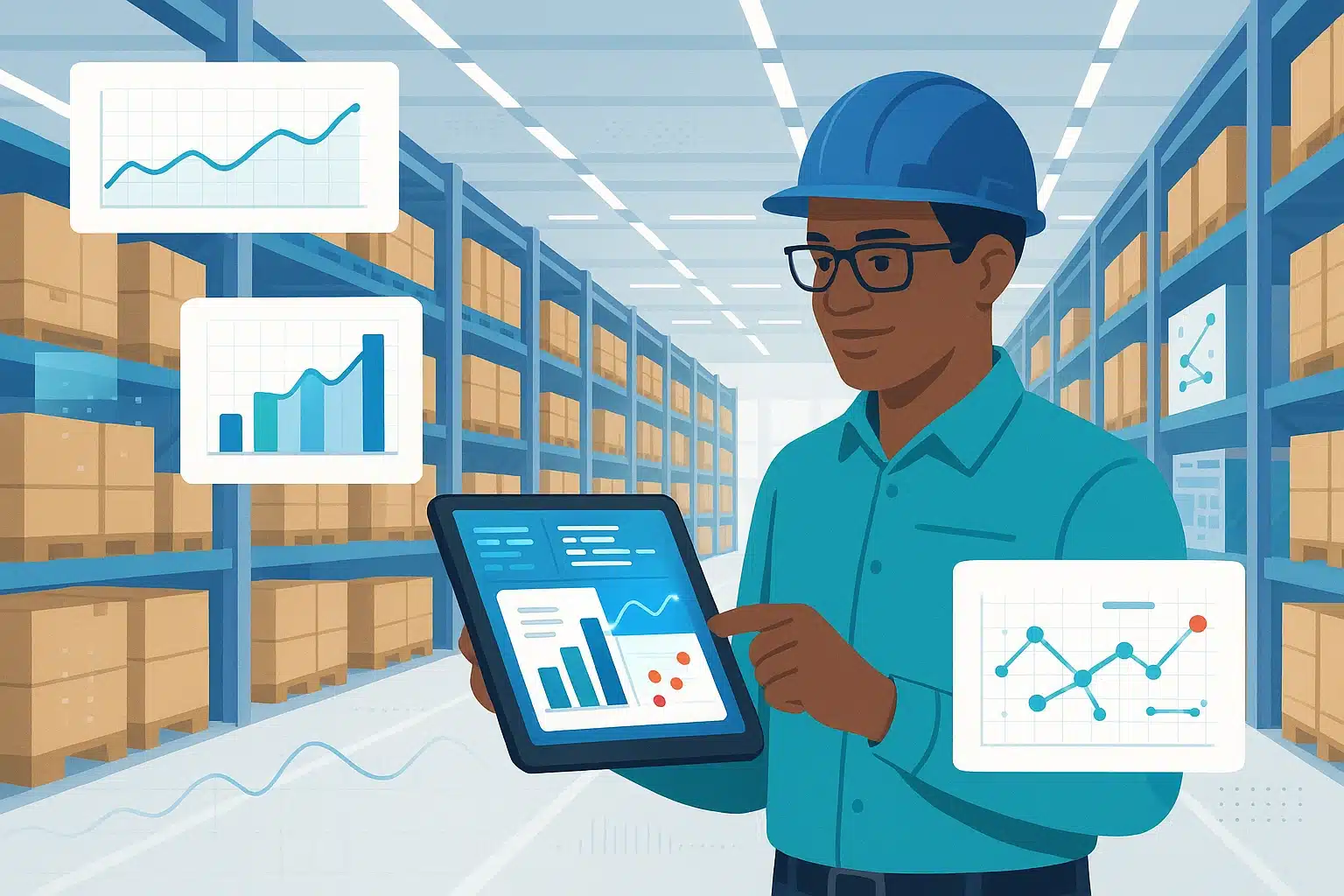 Un professionnel utilisant une tablette pour analyser des données WMS dans un entrepôt avec des graphiques et des étagères de produits en arrière-plan.