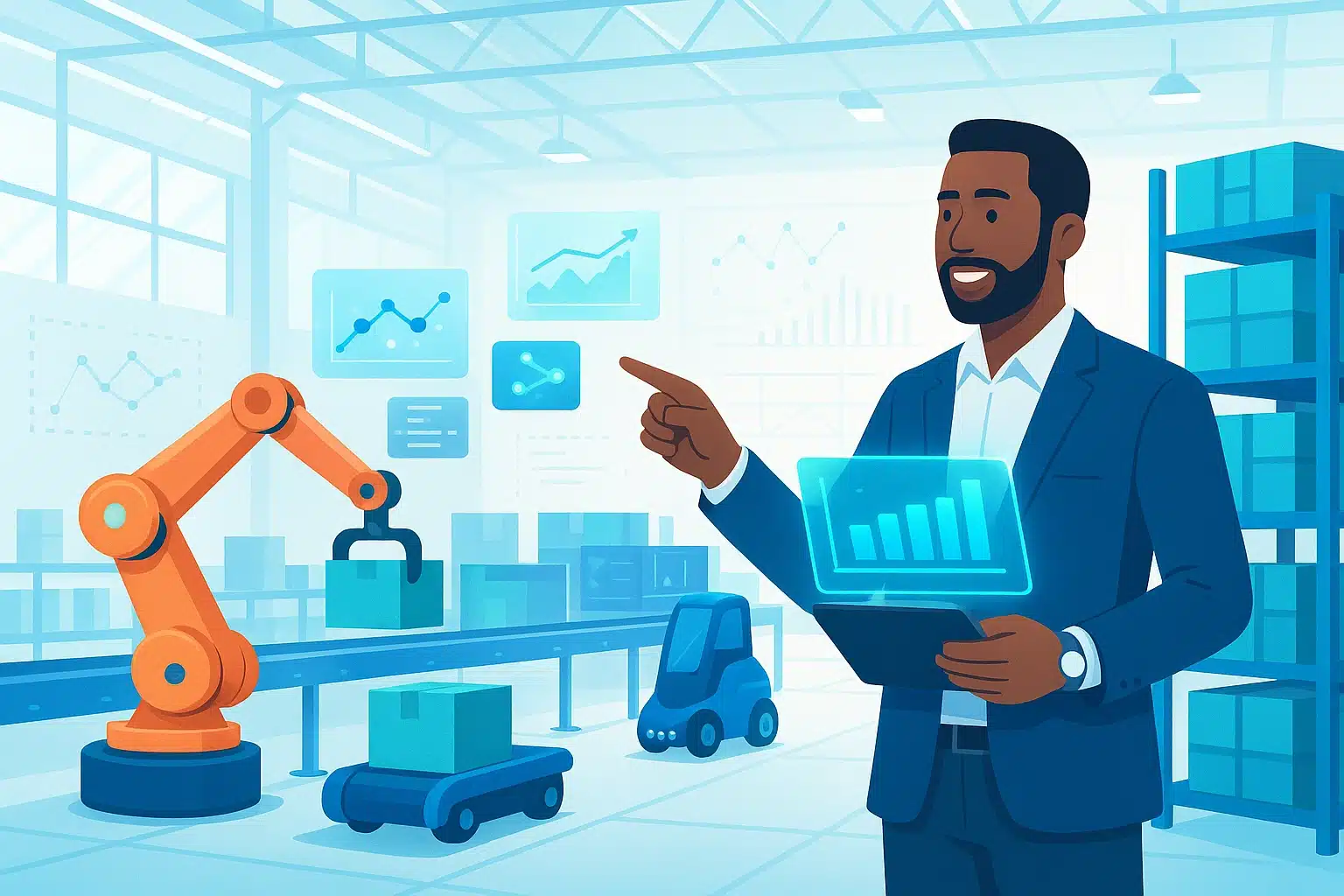 Illustration représentant un professionnel montrant des données relatives à un système de gestion d'entrepôt (WMS) avec des graphiques numériques en arrière-plan.