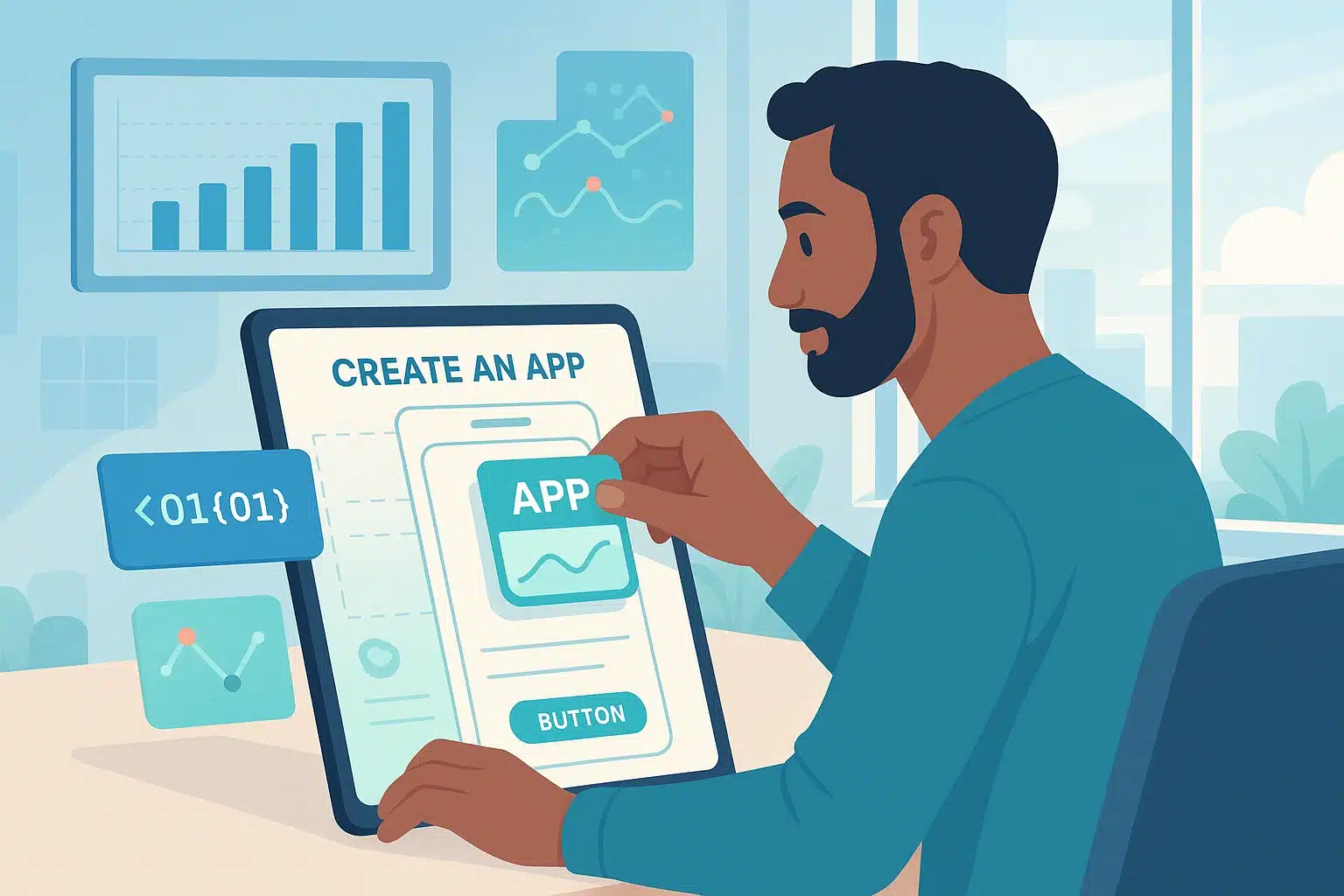 Illustration d'un homme utilisant une plateforme de création d'application sans code sur une tablette, avec des graphiques et des outils numériques en arrière-plan.