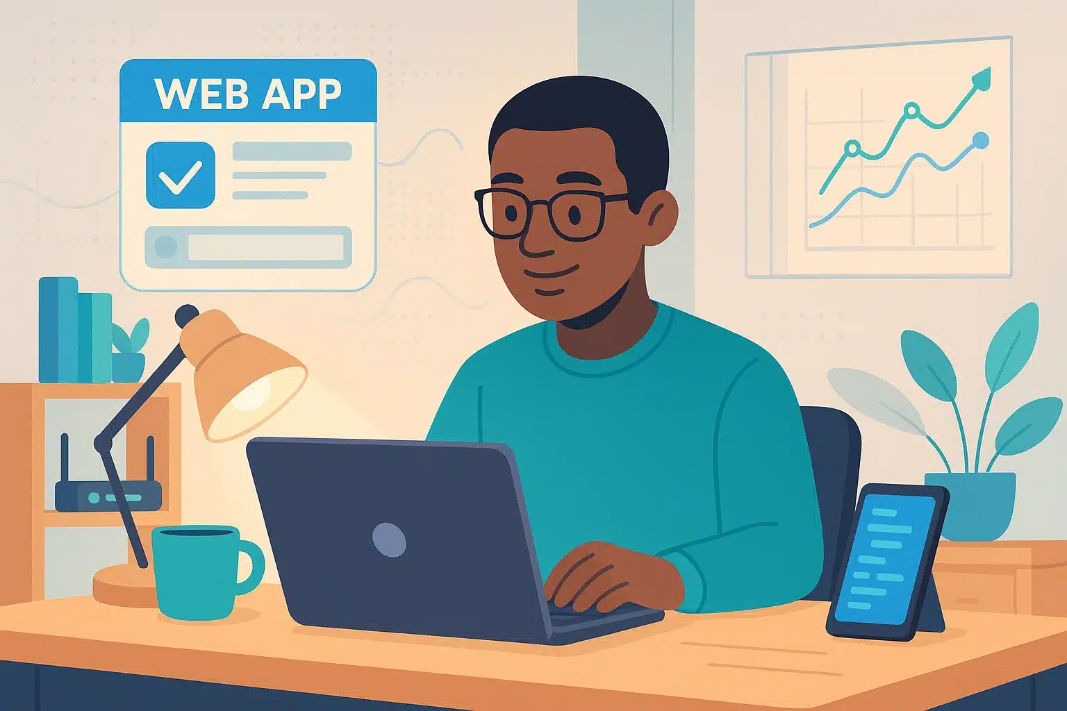 Personne utilisant une application no code sur un ordinateur portable dans un bureau moderne, avec des graphiques de performance affichés en arrière-plan.