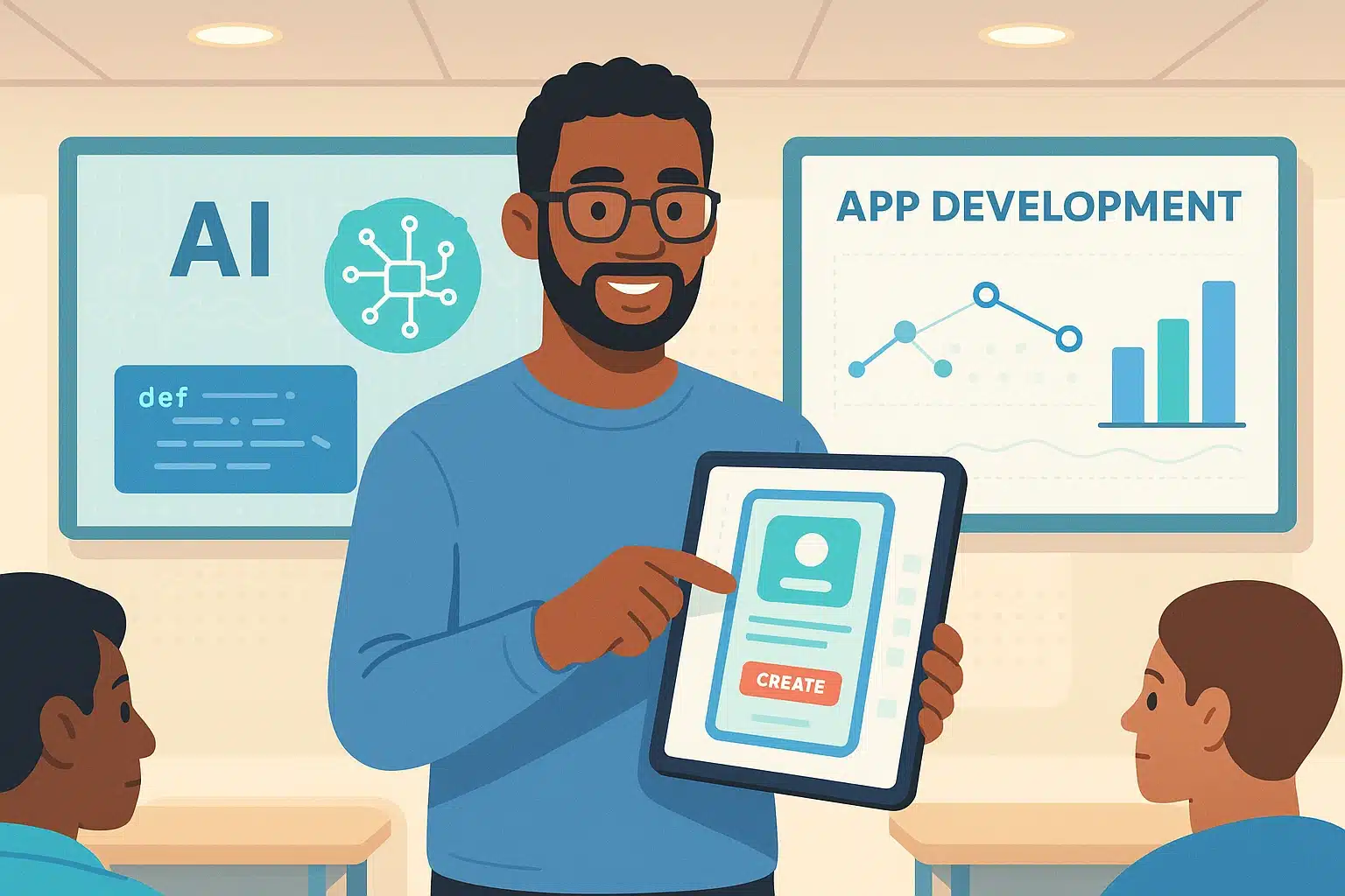 Instructeur présentant une application no code sur une tablette, encadré par des graphiques et des élèves attentifs.