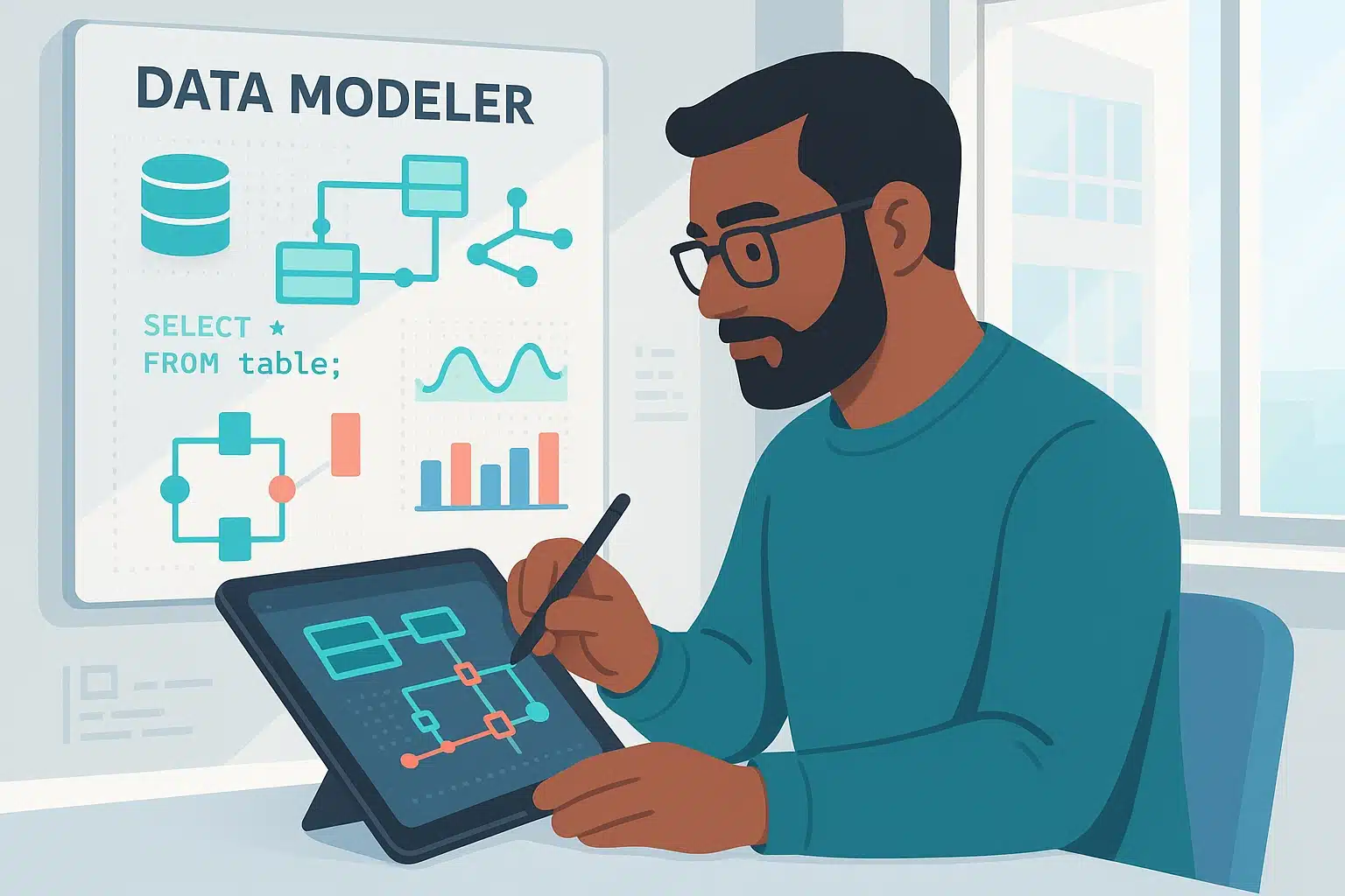 Un data modeler travaillant sur une tablette pour créer un schéma de modélisation des données avec des graphiques et du code SQL en arrière-plan.