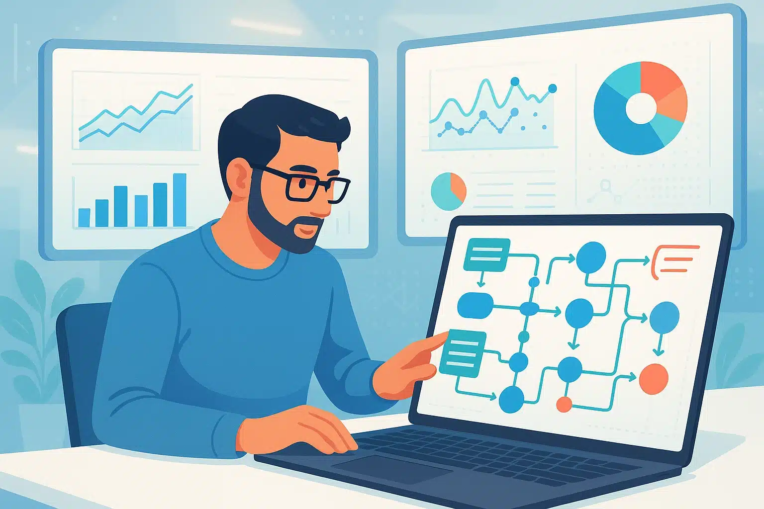 Un professionnel analysant un modèle de données sur un ordinateur portable, avec des graphiques et des diagrammes sur des écrans en arrière-plan.