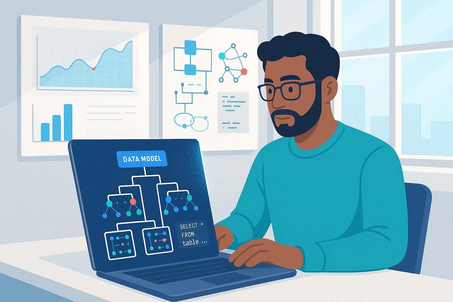 Illustration d'un professionnel travaillant sur un modèle de données sur un ordinateur portable, avec des graphiques et des diagrammes en arrière-plan.