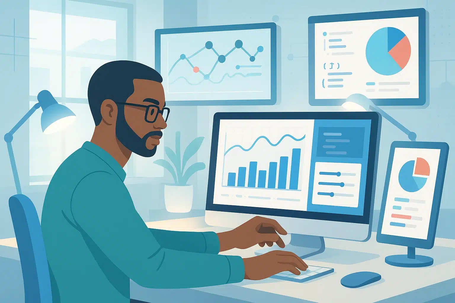 Illustration d'un professionnel travaillant sur l'ingénierie des caractéristiques avec des graphiques et des données sur plusieurs écrans.