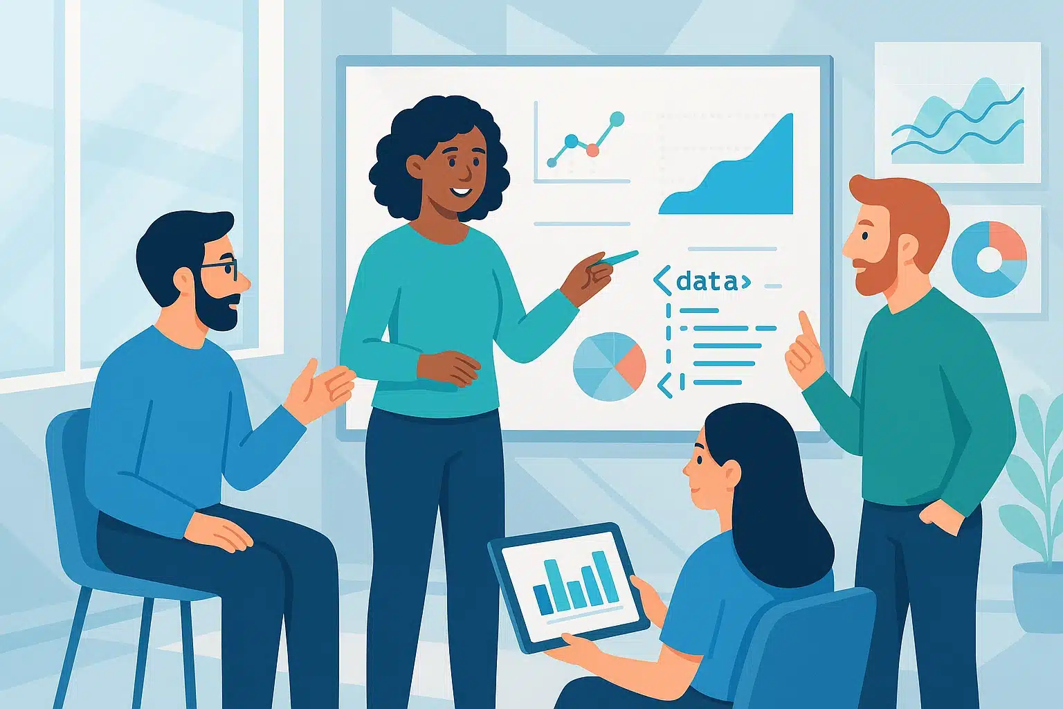 Équipe discutant de l'ingénierie des fonctionnalités autour d'un tableau de présentation, avec des graphiques de données et des éléments visuels de statistiques.