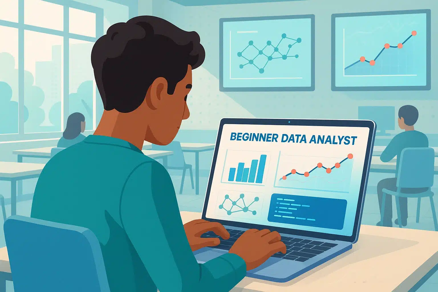 Un étudiant suivant une formation de data analyst débutant, travaillant sur un ordinateur portable avec des graphiques de données affichés à l'écran.