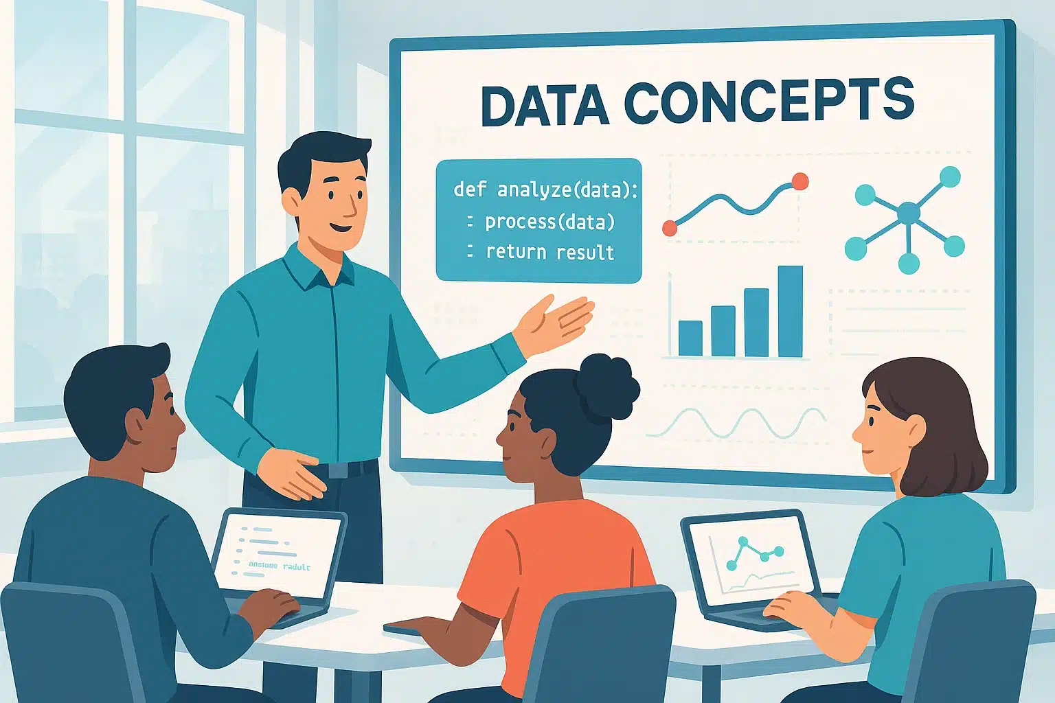 Illustration d'une formation pour data analysts débutants, avec un formateur expliquant les concepts de données devant un groupe d'élèves utilisant des ordinateurs portables.