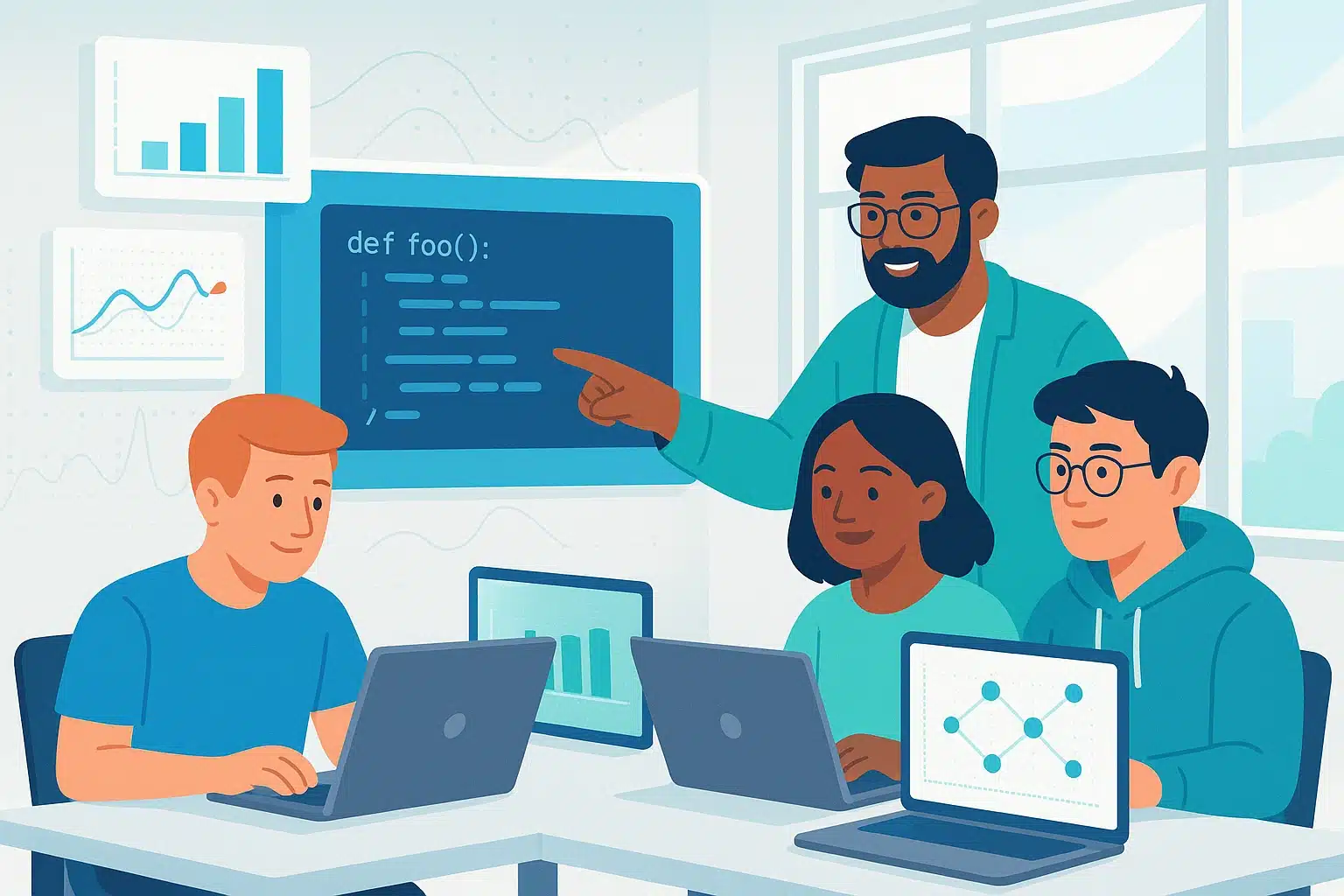 Séance de formation pour les data analysts débutants avec un instructeur et plusieurs apprenants travaillant sur des ordinateurs portables, illustrant l'apprentissage des compétences en analyse des données.