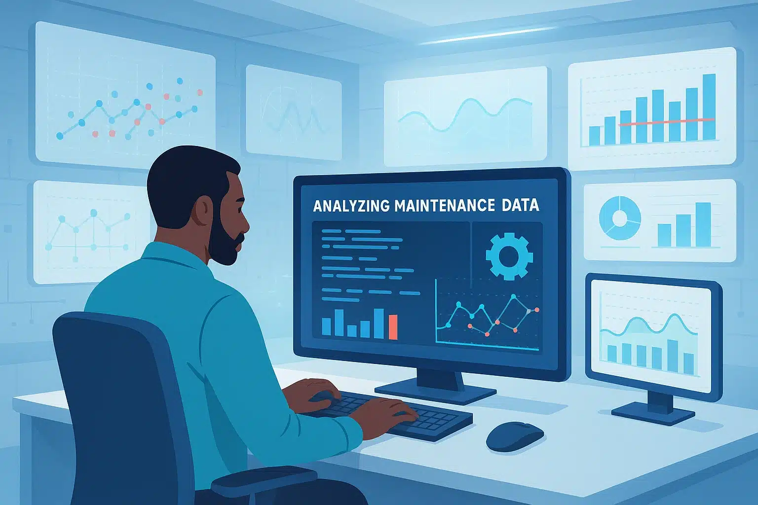 Professionnel analysant des données de maintenance à l'aide d'un logiciel de GMAO sur un écran d'ordinateur.