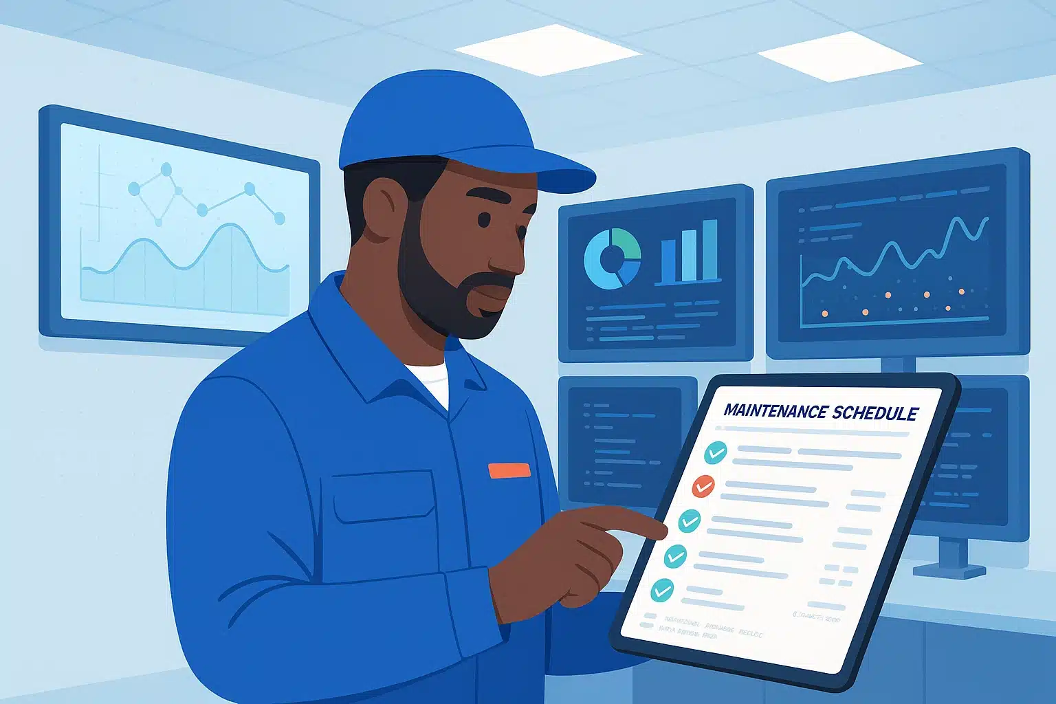 Technicien utilisant une tablette pour consulter un planning de maintenance dans un environnement de gestion de la maintenance assistée par ordinateur (GMAO).