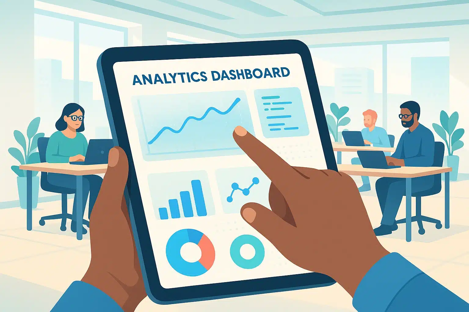 Personne utilisant une tablette pour consulter un tableau de bord analytique, illustrant la gestion de la maintenance assistée par ordinateur (GMAO).