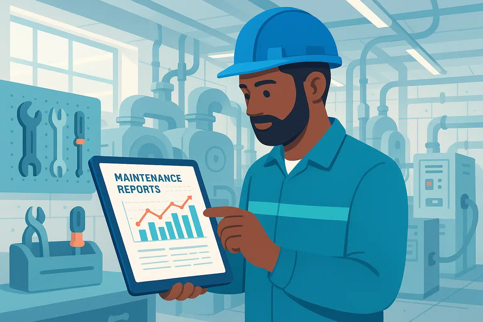Technicien consultant des rapports de maintenance sur une tablette, illustrant l'importance de la GMAO dans la gestion des actifs.