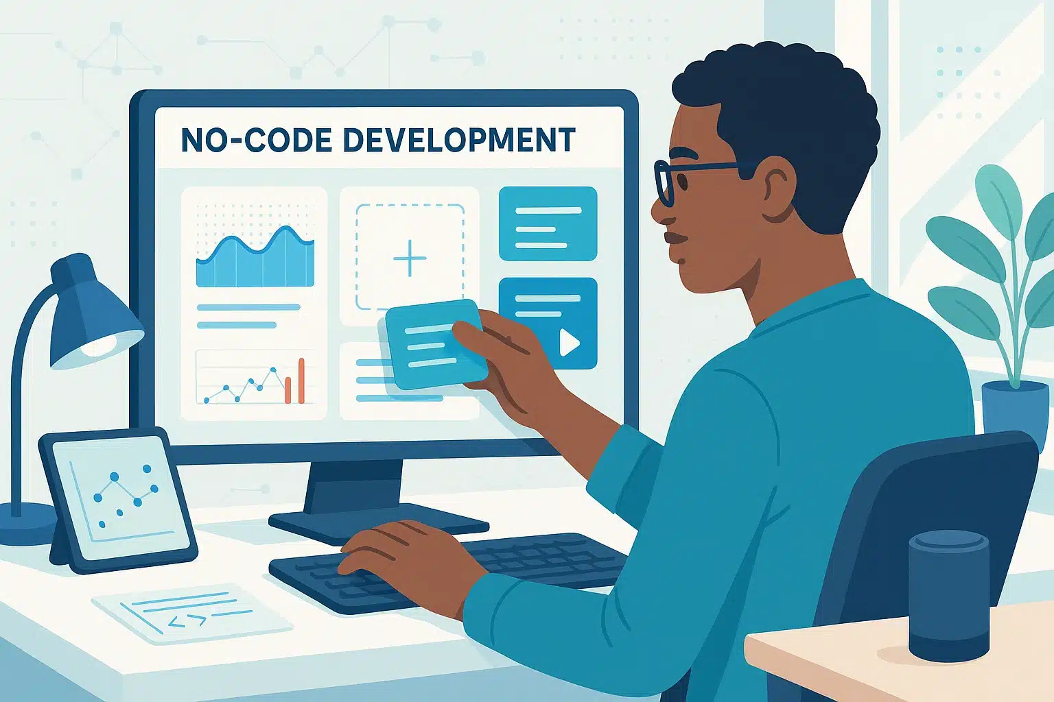 ersonne travaillant sur un projet de développement no-code, interagissant avec un écran d'ordinateur montrant des graphiques et des interfaces.