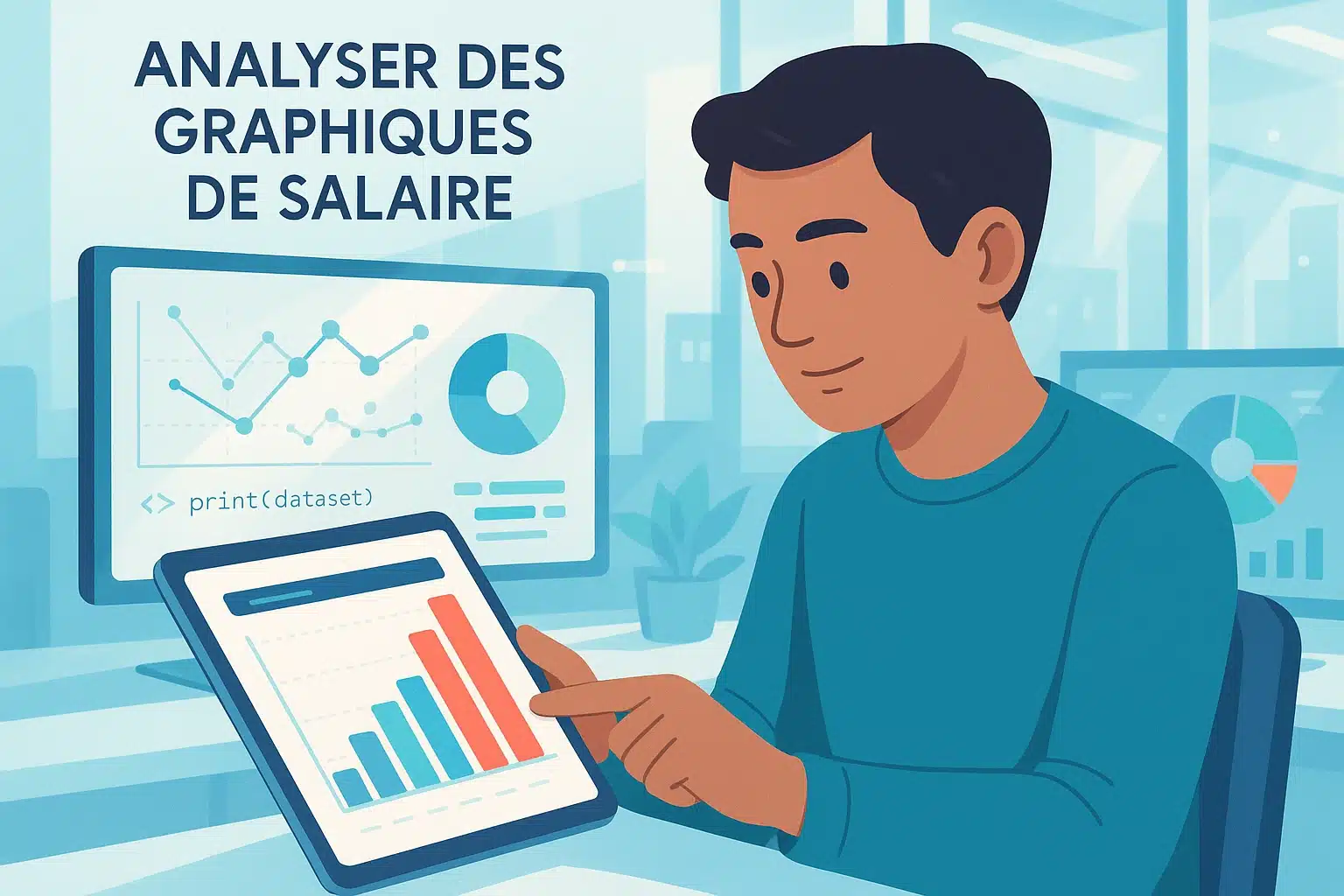 Un développeur sans code travaillant sur une tablette, avec des graphiques et des données à l'arrière-plan.