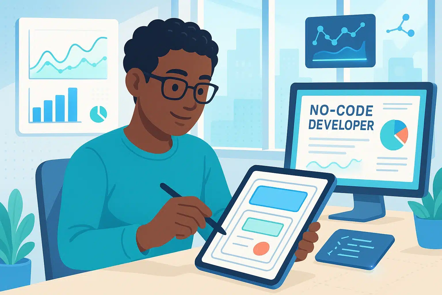 Personne utilisant une tablette pour analyser des graphiques de salaire dans un contexte de travail sans code.