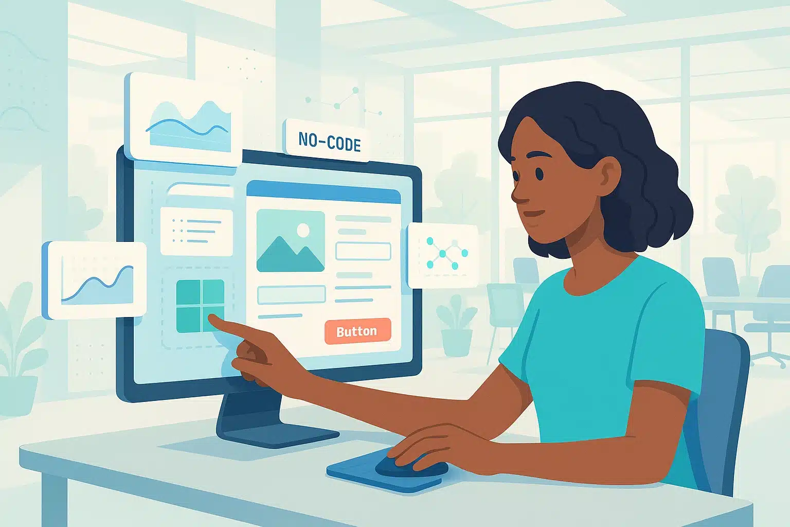 Illustration d'une personne utilisant des outils no-code pour créer des applications et visualiser des données.